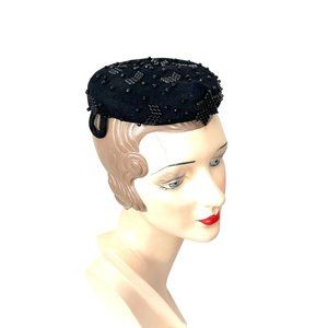 1940s black beaded hat small cocktail hat with wire stays by Austelle